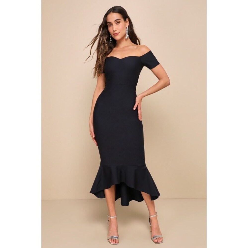 How Much I Care Midnight Blue Off-the-Shoulder Midi Dress